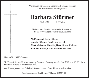 Todesanzeige von Barbara Stürmer von KREISZEITUNG SYKE
