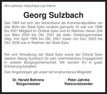 Todesanzeige von Georg Sulzbach von KREISZEITUNG SYKE