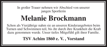 Todesanzeige von Melanie Brockmann von KREISZEITUNG SYKE