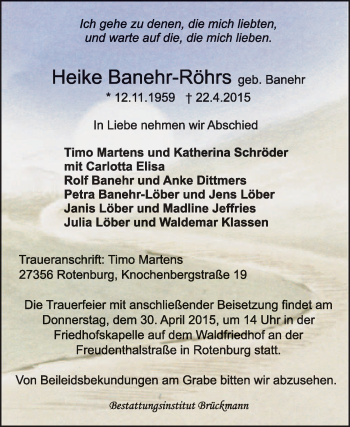 Todesanzeige von Heike Bahnehr-Röhrs von KRZ