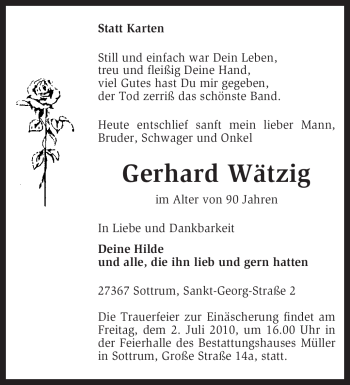 Todesanzeige von Gerhard Wätzig von KREISZEITUNG SYKE