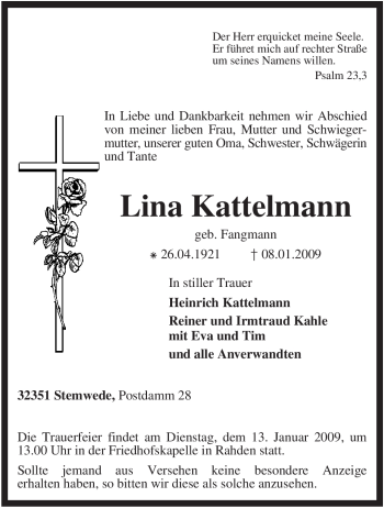 Todesanzeige von Lina Kattelmann von KREISZEITUNG SYKE