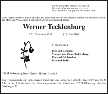 Todesanzeige von Werner Tecklenburg von KREISZEITUNG SYKE