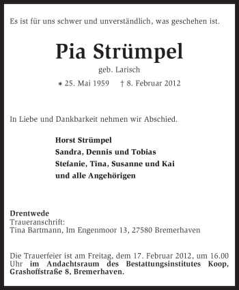Todesanzeige von Pia Strümpel von KREISZEITUNG SYKE