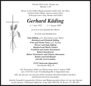 Todesanzeige von Gerhard Käding von KREISZEITUNG SYKE