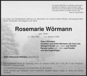 Todesanzeige von Rosemarie Wörmann von KREISZEITUNG SYKE