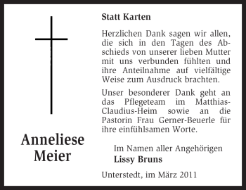 Todesanzeige von Anneliese Meier von KREISZEITUNG SYKE