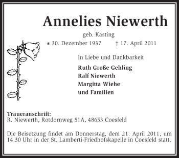 Todesanzeige von Annelies Niewerth von KREISZEITUNG SYKE