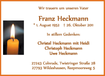 Todesanzeige von Franz Heckmann von KREISZEITUNG SYKE