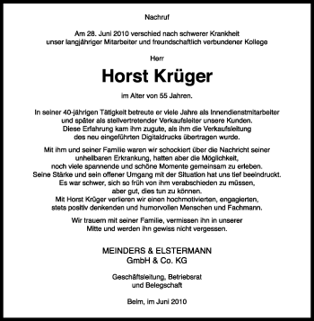 Todesanzeige von Horst Krüger von KREISZEITUNG SYKE