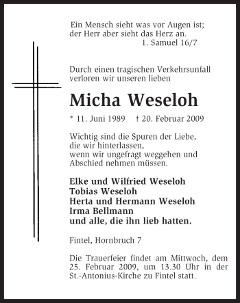 Todesanzeige von Micha Weseloh von KREISZEITUNG SYKE