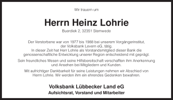 Todesanzeige von Heinz Lohrie von KREISZEITUNG SYKE