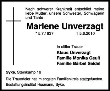 Todesanzeige von Marlene Unverzagt von KREISZEITUNG SYKE