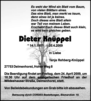 Todesanzeige von Dieter Knüppel von KREISZEITUNG SYKE