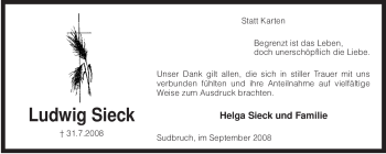Todesanzeige von Ludwig Sieck von KREISZEITUNG SYKE