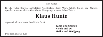 Todesanzeige von Klaus Hunte von KREISZEITUNG SYKE