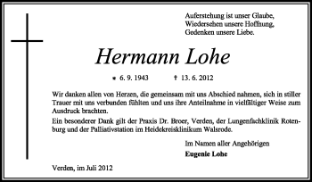Todesanzeige von Hermann Lohe von KREISZEITUNG SYKE