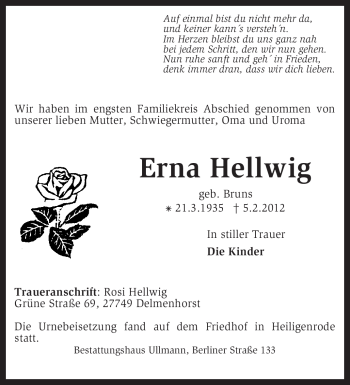 Todesanzeige von Erna Hellwig von KREISZEITUNG SYKE