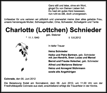 Todesanzeige von Charlotte Schnieder von KREISZEITUNG SYKE
