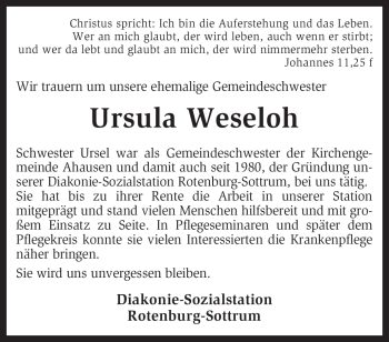 Todesanzeige von Ursula Weseloh von KREISZEITUNG SYKE