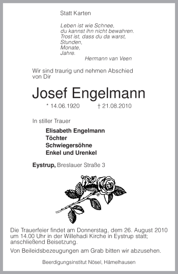 Todesanzeige von Josef Engelmann von KREISZEITUNG SYKE