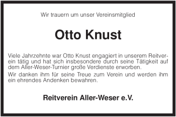 Todesanzeige von Otto Knust von KREISZEITUNG SYKE