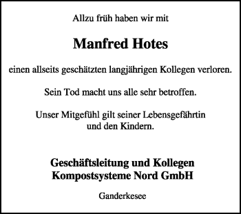 Todesanzeige von Manfred Hotes von KREISZEITUNG SYKE