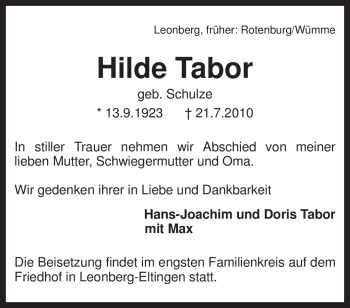 Todesanzeige von Hilde Tabor von KREISZEITUNG SYKE