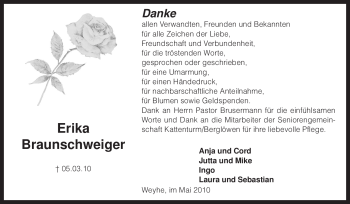 Todesanzeige von Erika Braunschweiger von KREISZEITUNG SYKE