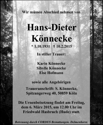 Todesanzeige von Hans-Dieter Könnecke von KRZ