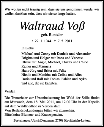 Todesanzeige von Waltraud Voß von KREISZEITUNG SYKE