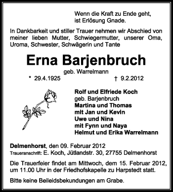Todesanzeige von Erna Barjenbruch von KREISZEITUNG SYKE