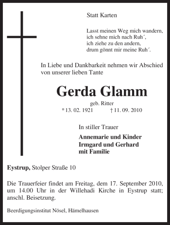 Todesanzeige von Gerda Glamm von KREISZEITUNG SYKE