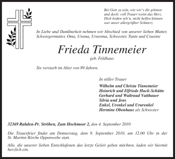 Todesanzeige von Frieda Tinnemeier von KREISZEITUNG SYKE