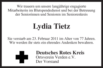 Todesanzeige von Lydia Tietz von KREISZEITUNG SYKE