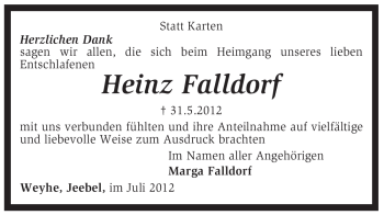 Todesanzeige von Heinz Falldorf von KREISZEITUNG SYKE