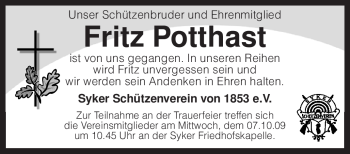 Todesanzeige von Fritz Potthast von KREISZEITUNG SYKE