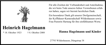 Todesanzeige von Heinrich Hagelmann von KREISZEITUNG SYKE