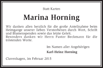 Todesanzeige von Marina Horning von KRZ