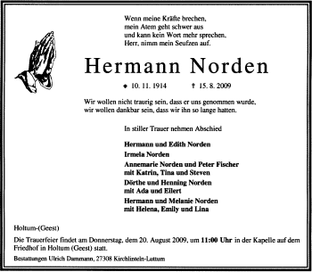 Todesanzeige von Hermann Norden von KREISZEITUNG SYKE