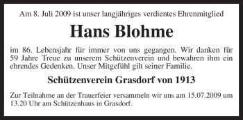 Todesanzeige von Hans Blohme von KREISZEITUNG SYKE
