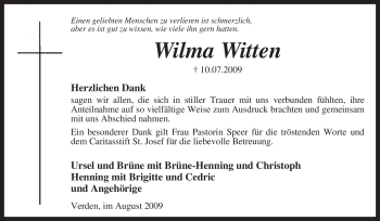 Todesanzeige von Wilma Witten von KREISZEITUNG SYKE