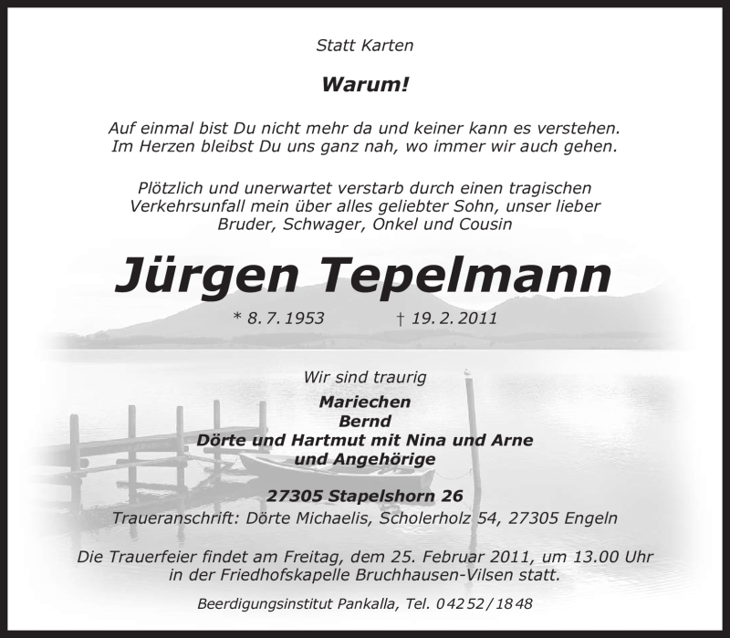  Traueranzeige für Jürgen Tepelmann vom 22.02.2011 aus KREISZEITUNG SYKE
