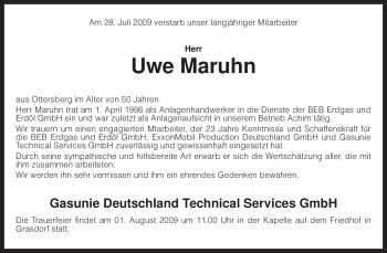 Todesanzeige von Uwe Maruhn von KREISZEITUNG SYKE