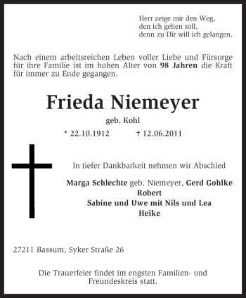 Todesanzeige von Frieda Niemeyer von KREISZEITUNG SYKE