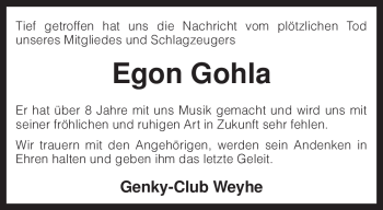 Todesanzeige von Egon Gohla von KREISZEITUNG SYKE