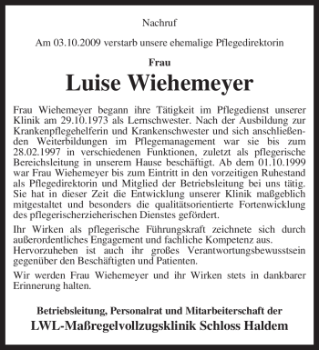 Todesanzeige von Luise Wiehemeyer von KREISZEITUNG SYKE