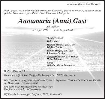 Todesanzeige von Annamaria Gust von KREISZEITUNG SYKE