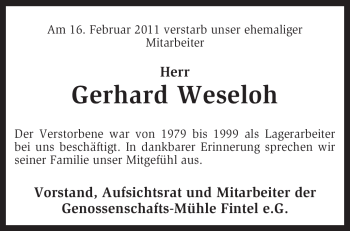Todesanzeige von Gerhard Weseloh von KREISZEITUNG SYKE