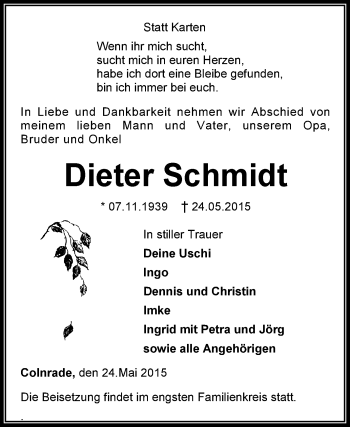 Todesanzeige von Dieter Schmidt von KRZ